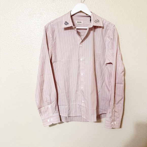 Zadig & Voltaire Cool Cat striped button up light pink cotton embroidered shirt - Picture 7 of 12